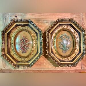 Vintage Dried Flowers under glass in Ornate Gold Frames (Pair)